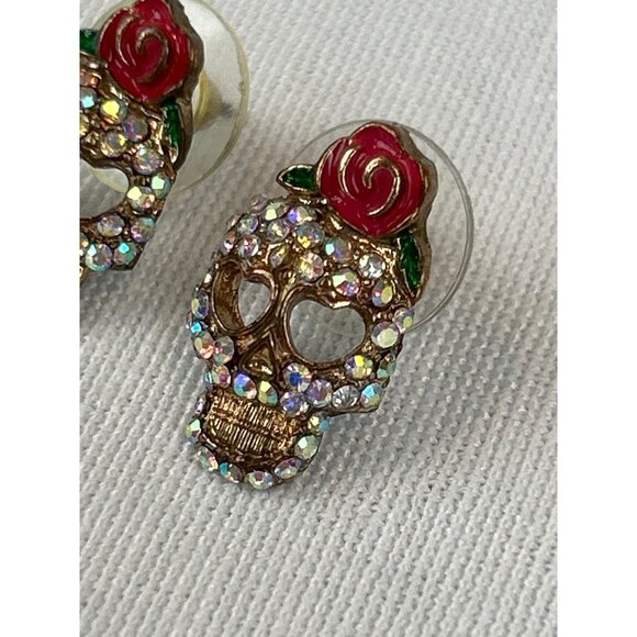 Sugar Skull Rhinestone Stud Earrings Red Rose Gold Tone Skeleton Design - Picture 4 of 7